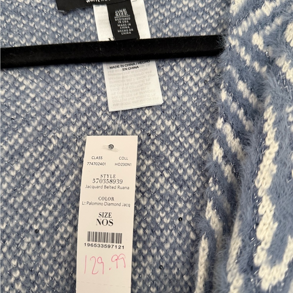 White House Black Market Jacquard Belted Ruana Wrap One Size Blue/White NWT - Picture 6 of 7